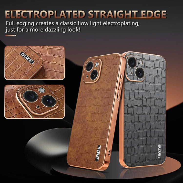 For iPhone 15 Plus AZNS Electroplated Frame Crocodile Texture Full Coverage Phone Case(White) by AZNS