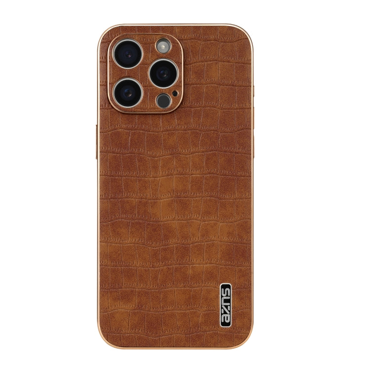 For iPhone 15 Pro AZNS Electroplated Frame Crocodile Texture Full Coverage Phone Case(Brown) by AZNS