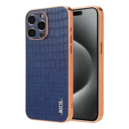 For iPhone 15 Pro AZNS Electroplated Frame Crocodile Texture Full Coverage Phone Case(Blue) by AZNS