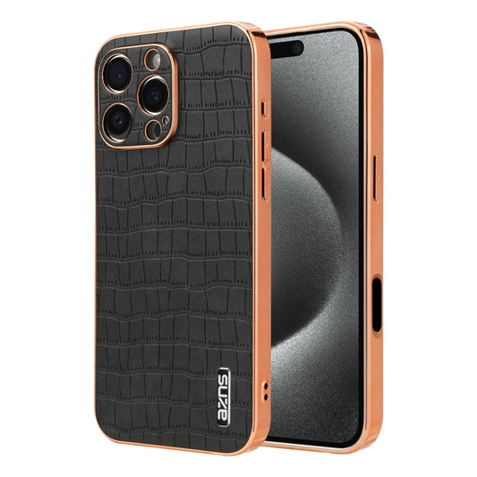 For iPhone 16 Pro Max AZNS Electroplated Frame Crocodile Texture Full Coverage Phone Case(Black) by AZNS