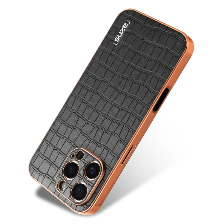 For iPhone 16 Pro Max AZNS Electroplated Frame Crocodile Texture Full Coverage Phone Case(Black) by AZNS