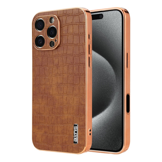 For iPhone 16 Pro Max AZNS Electroplated Frame Crocodile Texture Full Coverage Phone Case(Brown) by AZNS