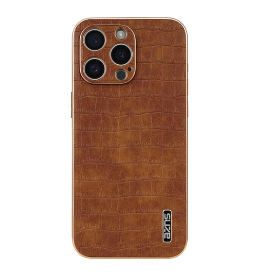 For iPhone 16 Pro Max AZNS Electroplated Frame Crocodile Texture Full Coverage Phone Case(Brown) by AZNS