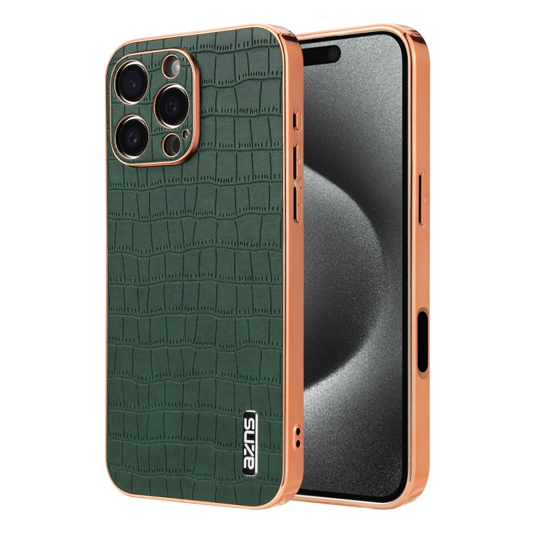 For iPhone 16 Pro Max AZNS Electroplated Frame Crocodile Texture Full Coverage Phone Case(Green) by AZNS