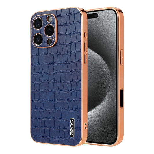 For iPhone 16 Pro Max AZNS Electroplated Frame Crocodile Texture Full Coverage Phone Case(Blue) by AZNS