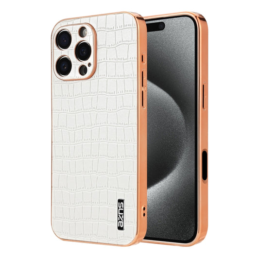 For iPhone 16 Pro Max AZNS Electroplated Frame Crocodile Texture Full Coverage Phone Case(White) by AZNS