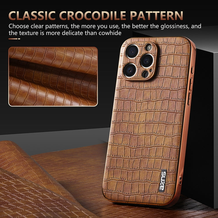 For iPhone 16 Pro AZNS Electroplated Frame Crocodile Texture Full Coverage Phone Case(Brown) by AZNS