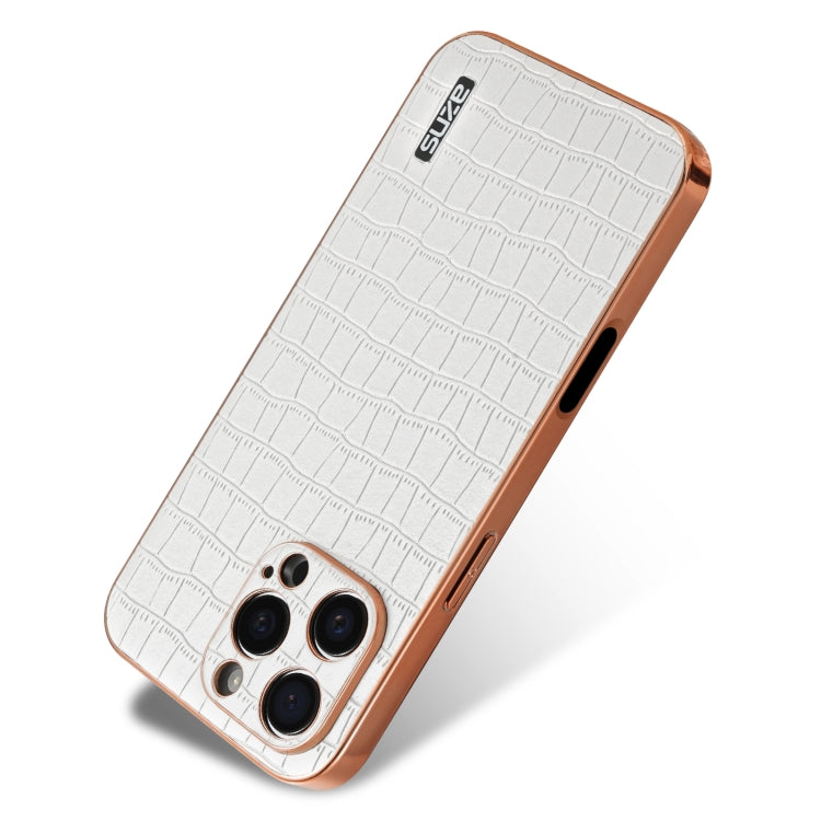 For iPhone 16 Pro AZNS Electroplated Frame Crocodile Texture Full Coverage Phone Case(White) by AZNS