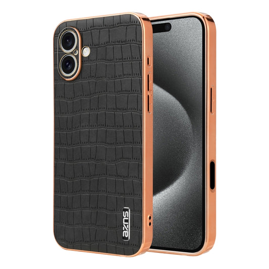 For iPhone 16 Plus AZNS Electroplated Frame Crocodile Texture Full Coverage Phone Case(Black) by AZNS
