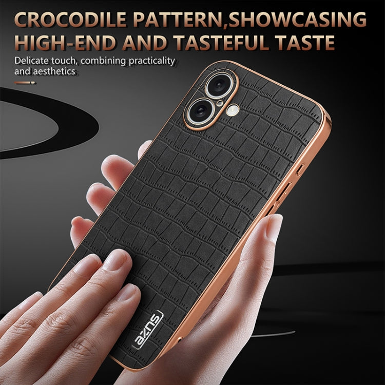 For iPhone 16 Plus AZNS Electroplated Frame Crocodile Texture Full Coverage Phone Case(Black) by AZNS