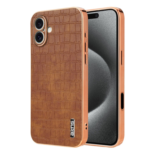 For iPhone 16 Plus AZNS Electroplated Frame Crocodile Texture Full Coverage Phone Case(Brown) by AZNS