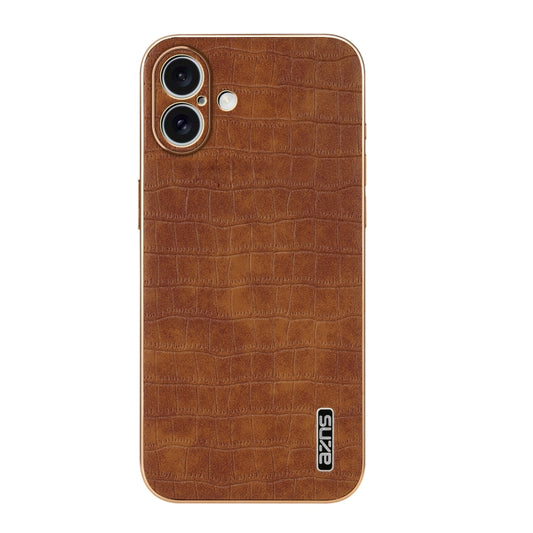 For iPhone 16 Plus AZNS Electroplated Frame Crocodile Texture Full Coverage Phone Case(Brown) by AZNS