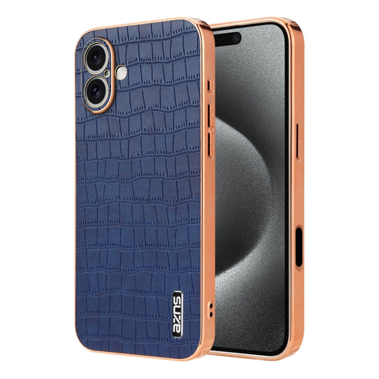 For iPhone 16 Plus AZNS Electroplated Frame Crocodile Texture Full Coverage Phone Case(Blue) by AZNS