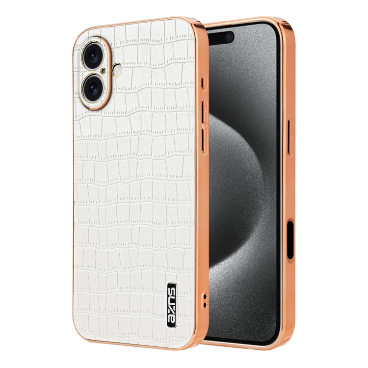 For iPhone 16 Plus AZNS Electroplated Frame Crocodile Texture Full Coverage Phone Case(White) by AZNS