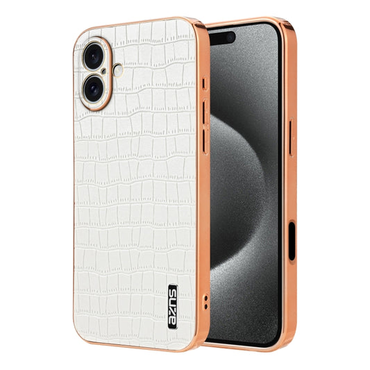 For iPhone 16 Plus AZNS Electroplated Frame Crocodile Texture Full Coverage Phone Case(White) by AZNS