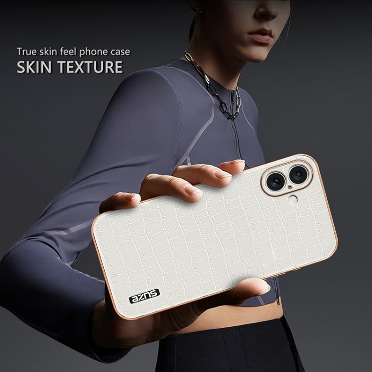 For iPhone 16 Plus AZNS Electroplated Frame Crocodile Texture Full Coverage Phone Case(White) by AZNS