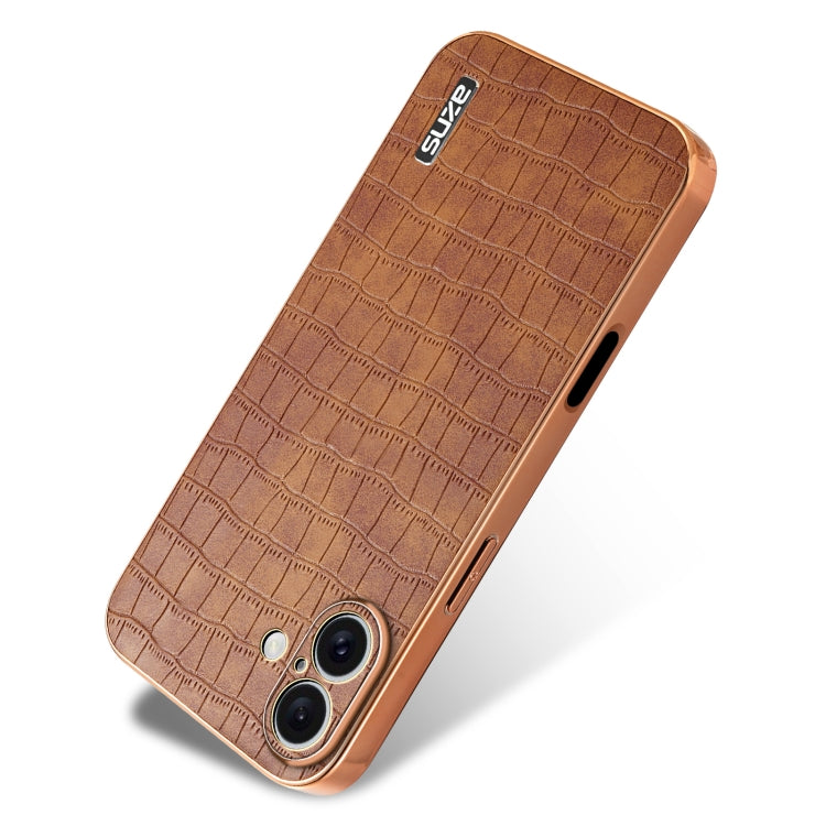 For iPhone 16 AZNS Electroplated Frame Crocodile Texture Full Coverage Phone Case(Brown) by AZNS