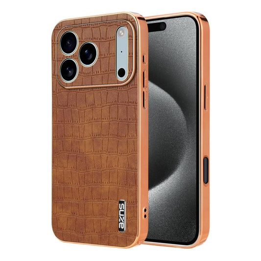 For iPhone 17 Pro AZNS Electroplated Frame Crocodile Texture Full Coverage Phone Case(Brown) by AZNS