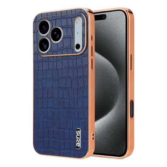 For iPhone 17 Pro AZNS Electroplated Frame Crocodile Texture Full Coverage Phone Case(Blue) by AZNS