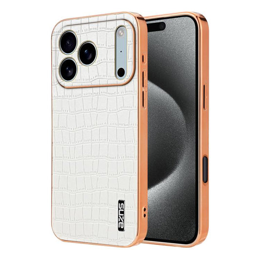 For iPhone 17 Pro AZNS Electroplated Frame Crocodile Texture Full Coverage Phone Case(White) by AZNS