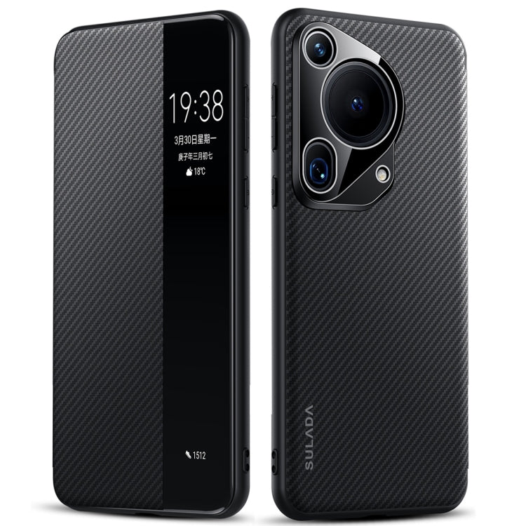 For Huawei Pura 70 Ultra SULADA Kevlar 600D Texture Smart Window Leather Phone Case(Black) by SULADA