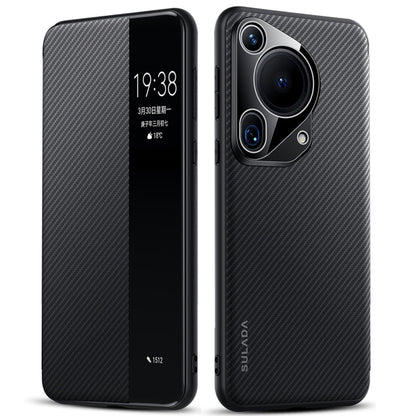 For Huawei Pura 70 Ultra SULADA Kevlar 600D Texture Smart Window Leather Phone Case(Black) by SULADA