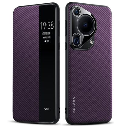 For Huawei Pura 70 Ultra SULADA Kevlar 600D Texture Smart Window Leather Phone Case(Purple) by SULADA