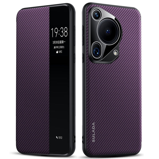 For Huawei Pura 70 Ultra SULADA Kevlar 600D Texture Smart Window Leather Phone Case(Purple) by SULADA