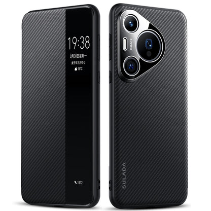 For Huawei Pura 70 Pro SULADA Kevlar 600D Texture Smart Window Leather Phone Case(Black) by SULADA