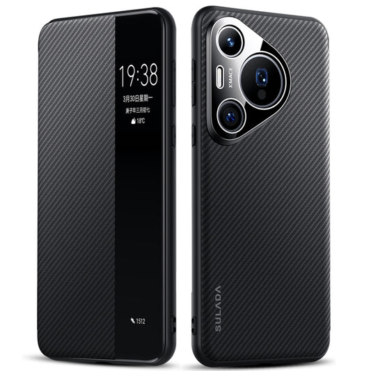 For Huawei Pura 70 Pro SULADA Kevlar 600D Texture Smart Window Leather Phone Case(Black) by SULADA