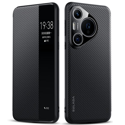 For Huawei Pura 70 SULADA Kevlar 600D Texture Smart Window Leather Phone Case(Black) by SULADA
