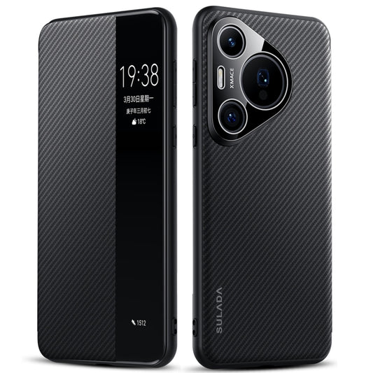 For Huawei Pura 70 SULADA Kevlar 600D Texture Smart Window Leather Phone Case(Black) by SULADA