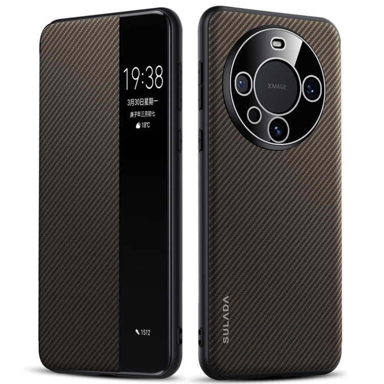 For Huawei Mate 60 Pro SULADA Kevlar 600D Texture Smart Window Leather Phone Case(Brown) by SULADA