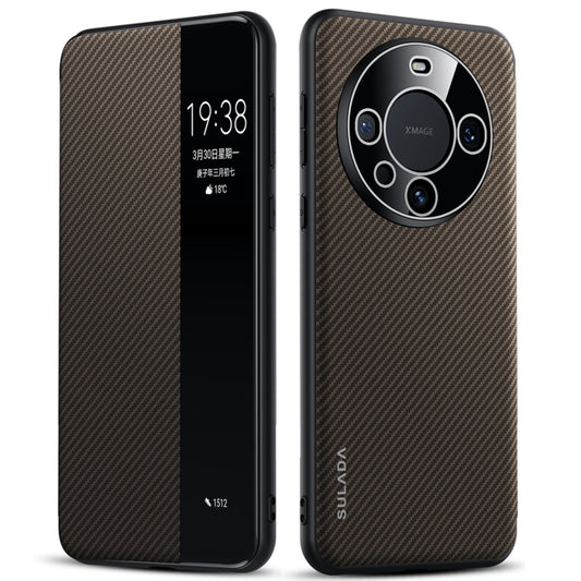For Huawei Mate 60 Pro SULADA Kevlar 600D Texture Smart Window Leather Phone Case(Brown) by SULADA