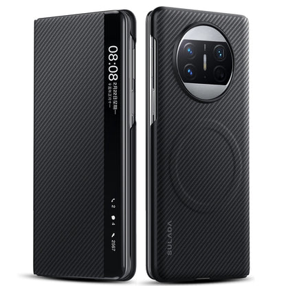 For Huawei Mate X3 SULADA Kevlar 600D Texture Smart Window Leather Phone Case(Black) by SULADA