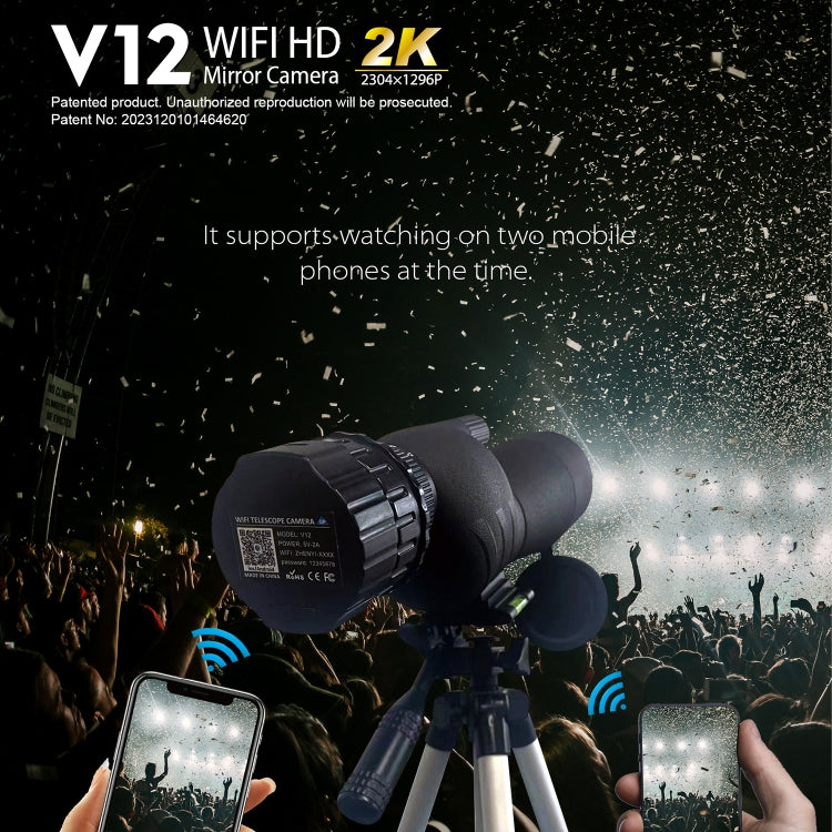 V12 2K WiFi HD Telescope Eyepiece Outdoor Portable Mirror Camera(Black) by bashfashion