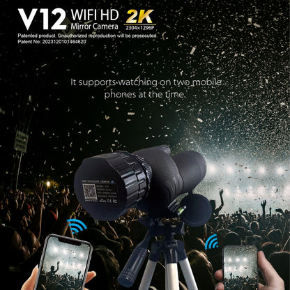 V12 2K WiFi HD Telescope Eyepiece Outdoor Portable Mirror Camera(Black) by bashfashion