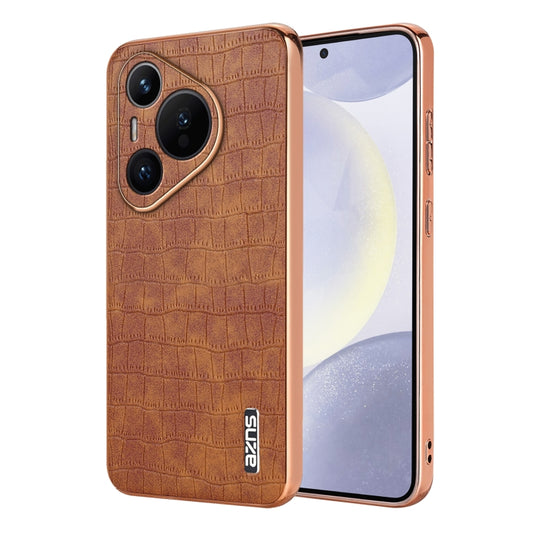 For Huawei Pura 70 AZNS Electroplated Frame Crocodile Texture Full Coverage Phone Case(Brown) by AZNS