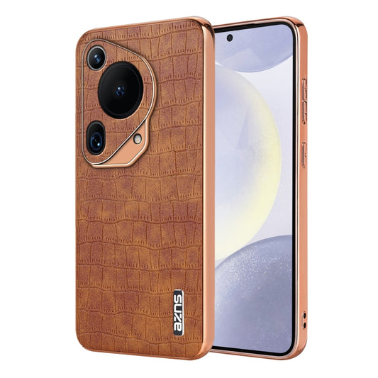 For Huawei Pura 70 Ultra AZNS Electroplated Frame Crocodile Texture Full Coverage Phone Case(Brown) by AZNS