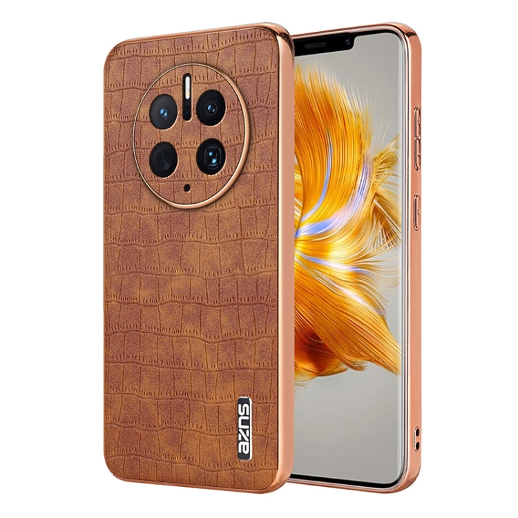 For Huawei Mate 50 Pro AZNS Electroplated Frame Crocodile Texture Full Coverage Phone Case(Brown) by AZNS