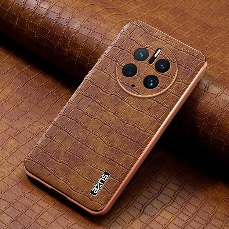 For Huawei Mate 50 Pro AZNS Electroplated Frame Crocodile Texture Full Coverage Phone Case(Brown) by AZNS