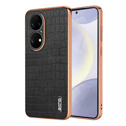 For Huawei P50 Pro AZNS Electroplated Frame Crocodile Texture Full Coverage Phone Case(Black) by AZNS