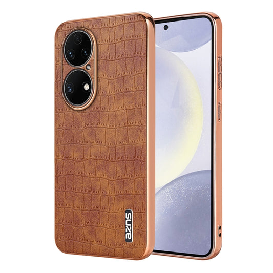 For Huawei P50 Pro AZNS Electroplated Frame Crocodile Texture Full Coverage Phone Case(Brown) by AZNS