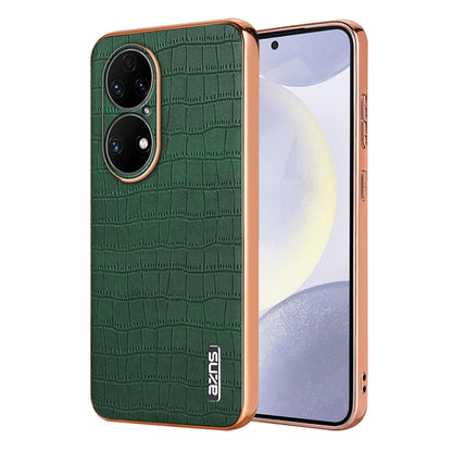 For Huawei P50 Pro AZNS Electroplated Frame Crocodile Texture Full Coverage Phone Case(Green) by AZNS