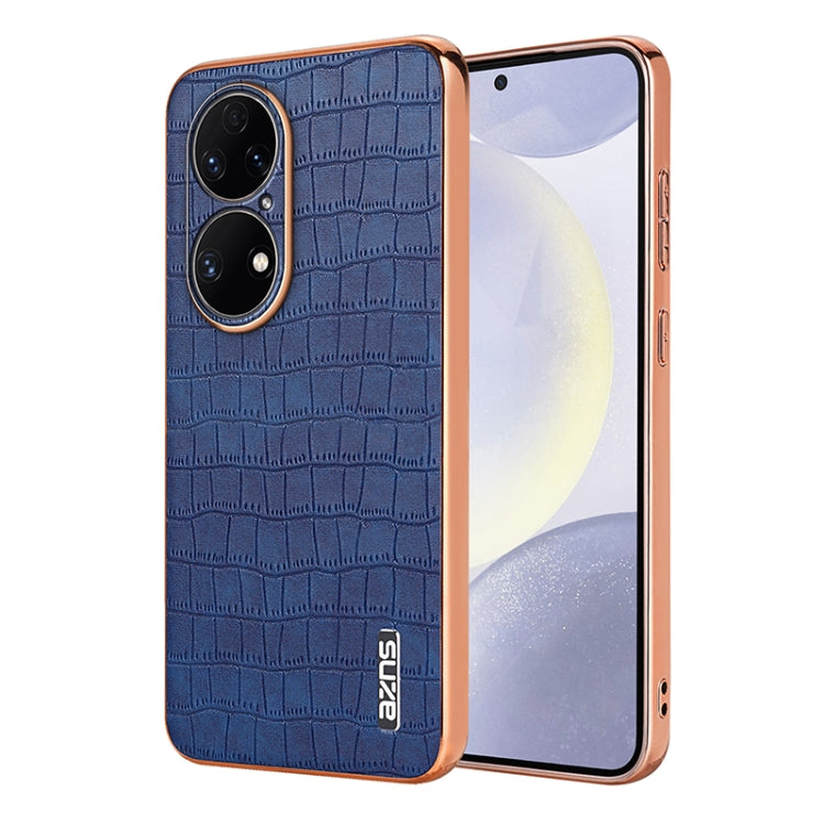 For Huawei P50 Pro AZNS Electroplated Frame Crocodile Texture Full Coverage Phone Case(Blue) by AZNS