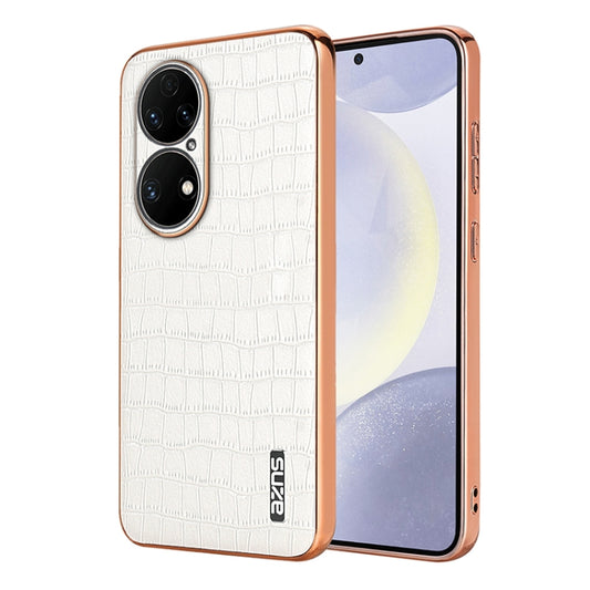 For Huawei P50 Pro AZNS Electroplated Frame Crocodile Texture Full Coverage Phone Case(White) by AZNS