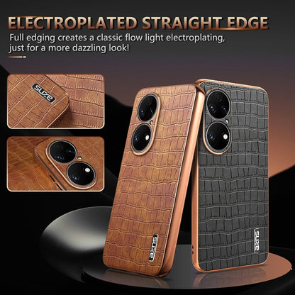 For Huawei P50 Pro AZNS Electroplated Frame Crocodile Texture Full Coverage Phone Case(White) by AZNS