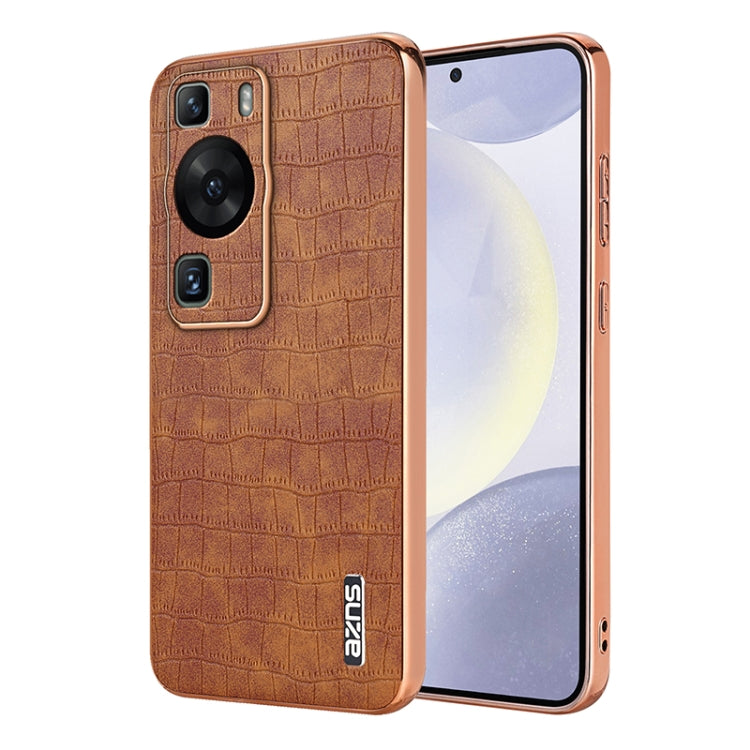 For Huawei P60 / P60 Pro AZNS Electroplated Frame Crocodile Texture Full Coverage Phone Case(Brown) by AZNS