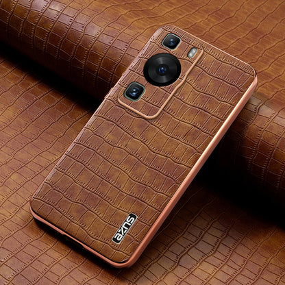 For Huawei P60 / P60 Pro AZNS Electroplated Frame Crocodile Texture Full Coverage Phone Case(Brown) by AZNS