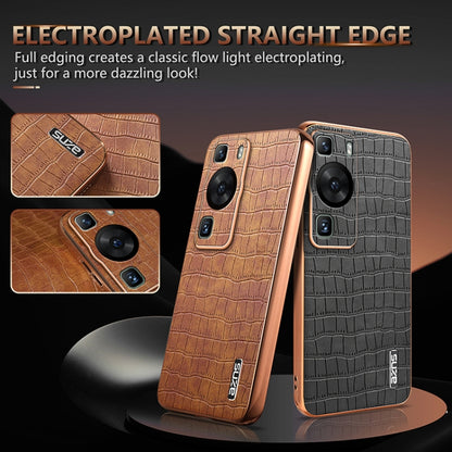 For Huawei P60 / P60 Pro AZNS Electroplated Frame Crocodile Texture Full Coverage Phone Case(Brown) by AZNS